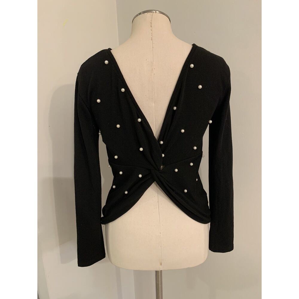 NWT Milan Kiss Twist Back Black Top Pearl Embellished Size S Coquette Feminine